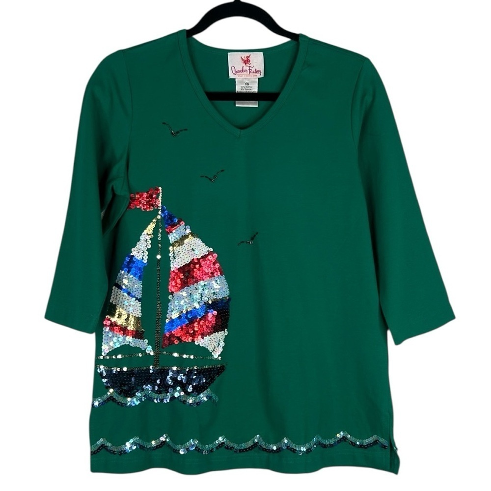 The‎ Quaker Factory Dark Green Sequin Sailboat V-Neck 3/4 Sleeve Summer Top XS